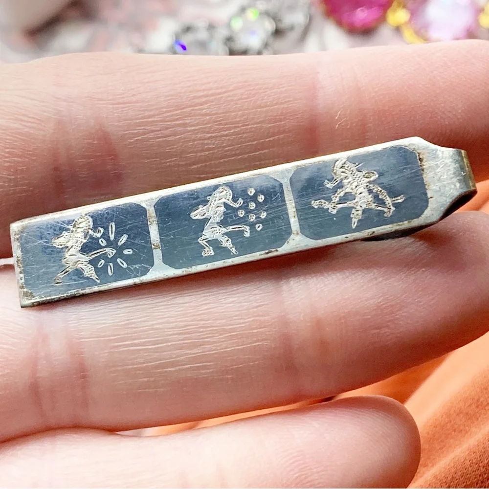 Vintage Siam Sterling silver Asian Niello enamel men’s tie clip